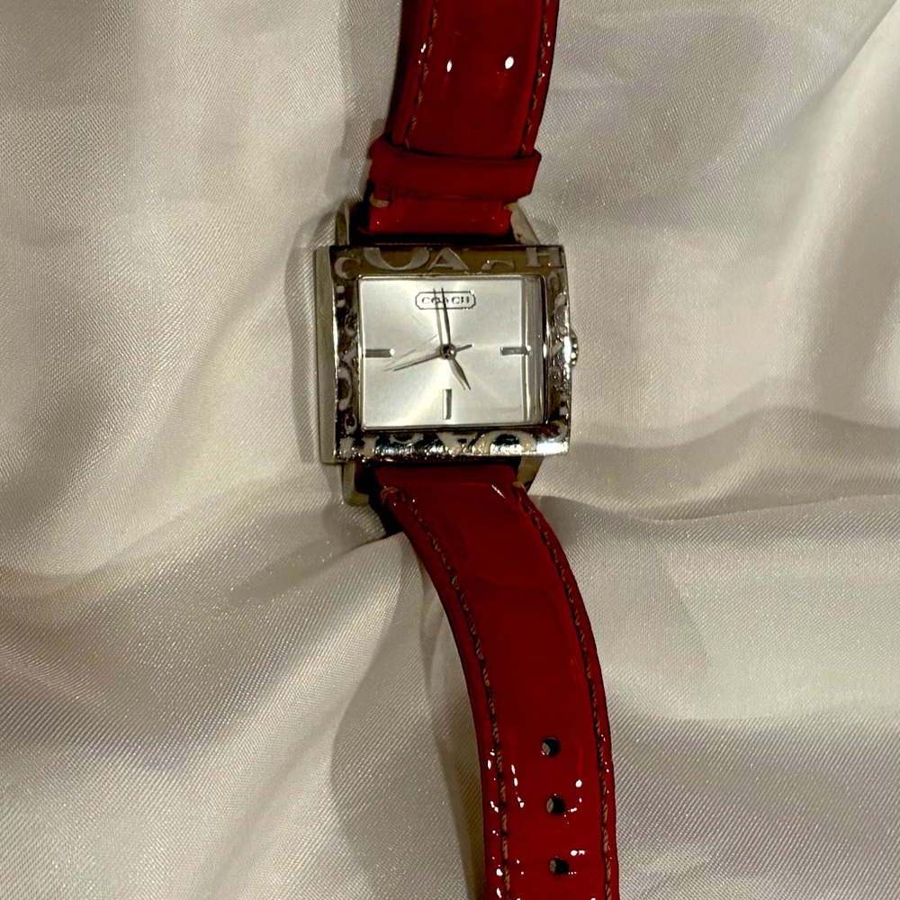 Coach Silver Face Watch with Fuchsia Strap